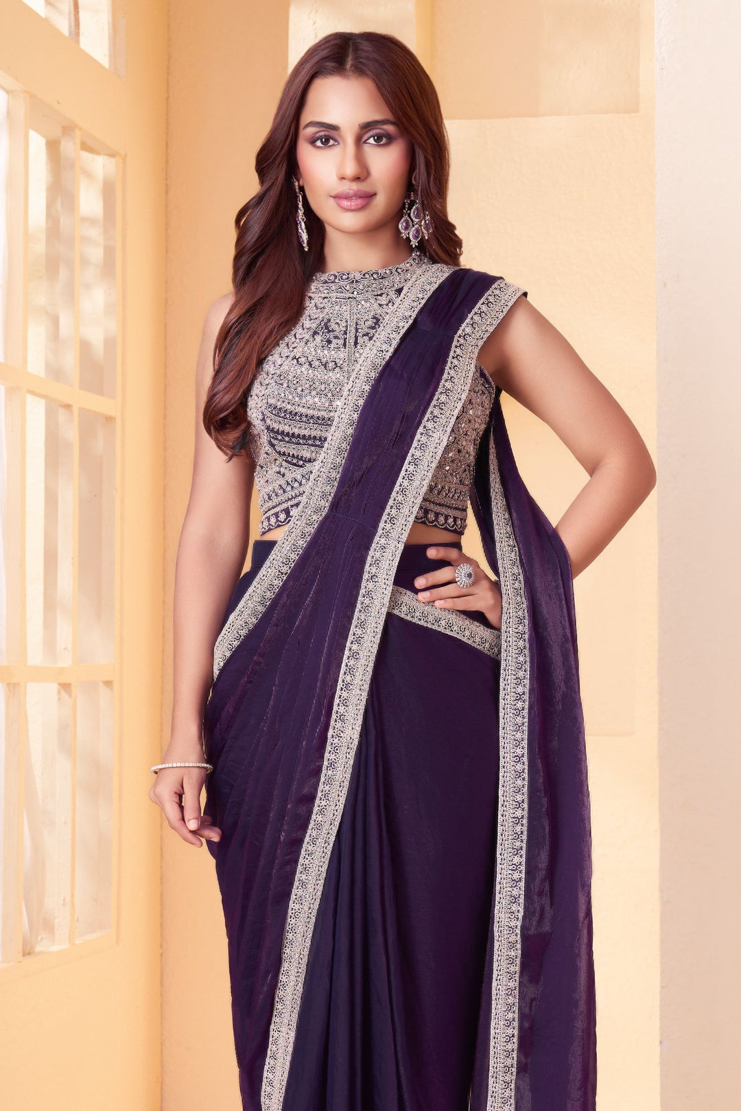 Purple Readymade Saree with Pearl, Zari, Mirror and Stone work Readymade Blouse