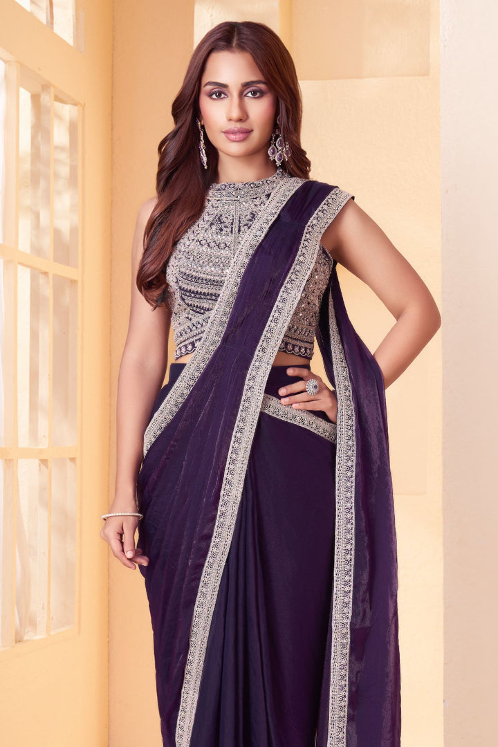 Purple Readymade Saree with Pearl, Zari, Mirror and Stone work Readymade Blouse