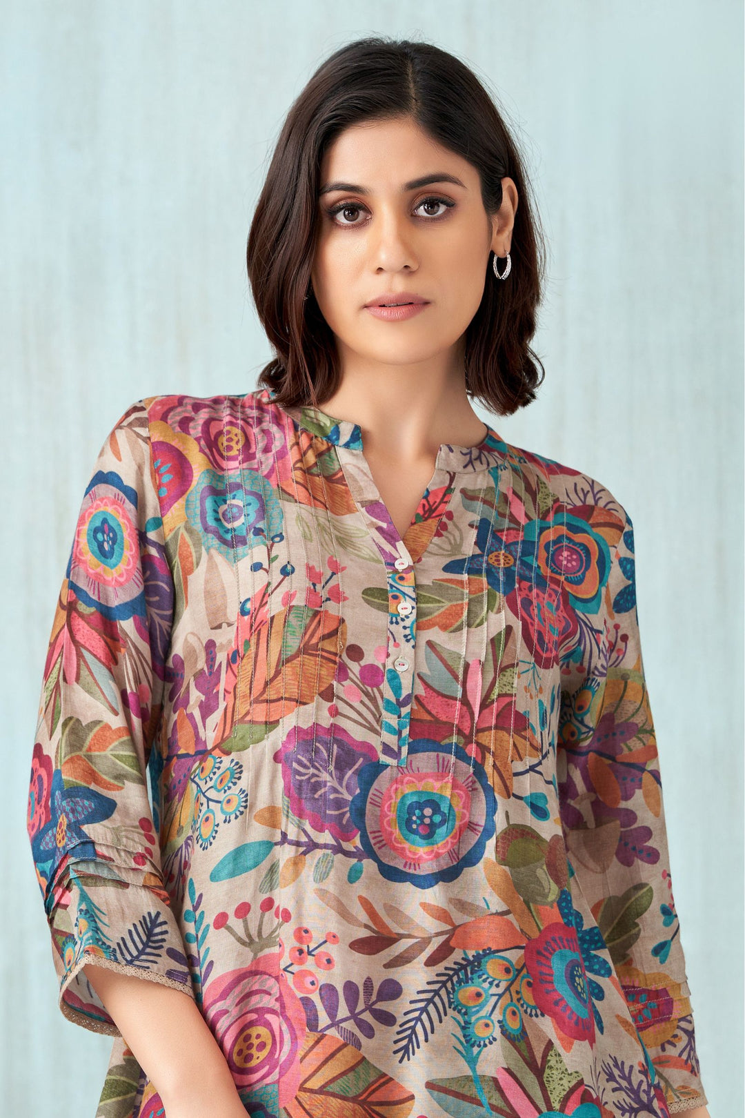 Beige Multicolor Digital Print Short Kurti