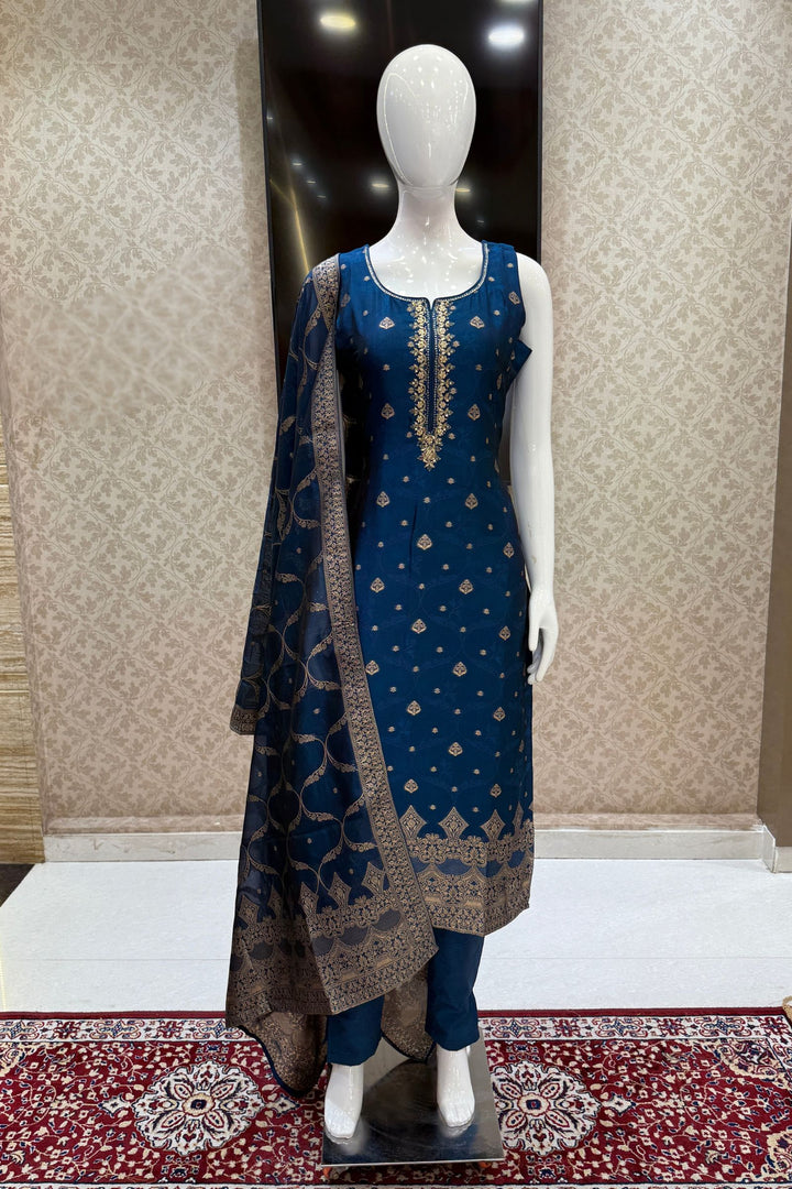 Teal Blue Zardozi, Sequins, Mirror, Stone, Brocade and Banaras work Straight Cut Salwar Suit