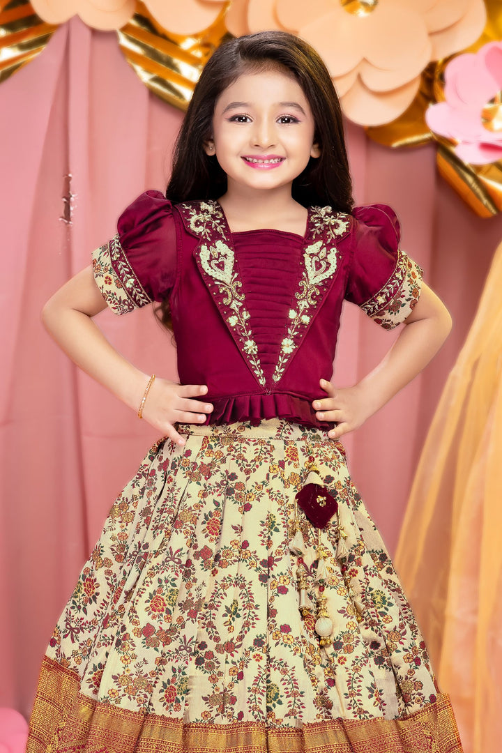 Maroon with Sandal Zardozi, Stone, Zari, Mirror and Beads work Lehenga Choli for Girls