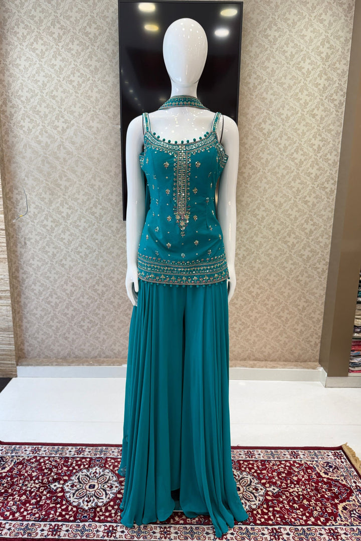 Mirror, Sequins, Zardozi and Thread Detail on Rama Blue Festive Kurta with Palazzo Set
