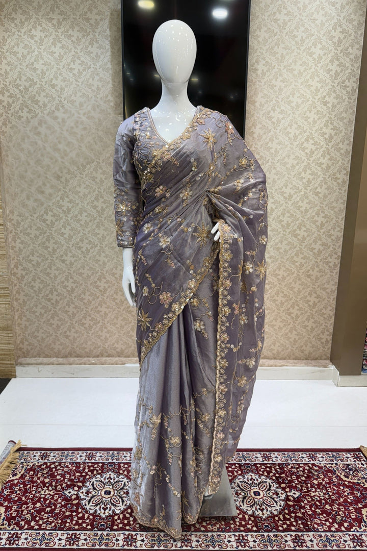 Light Purple Sequins, Beads, Zari and Pearls work Saree
