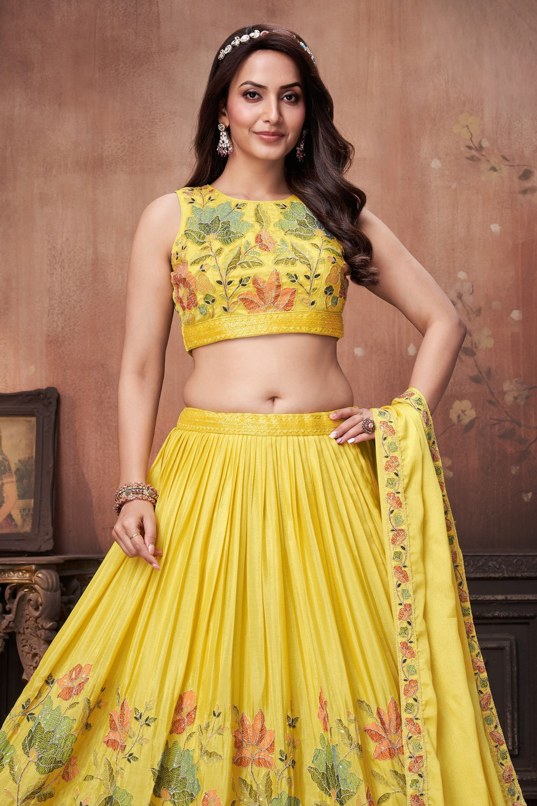 Yellow Multicolor Thread, Beads, Zari Thread and Sequins work Crop Top Lehenga