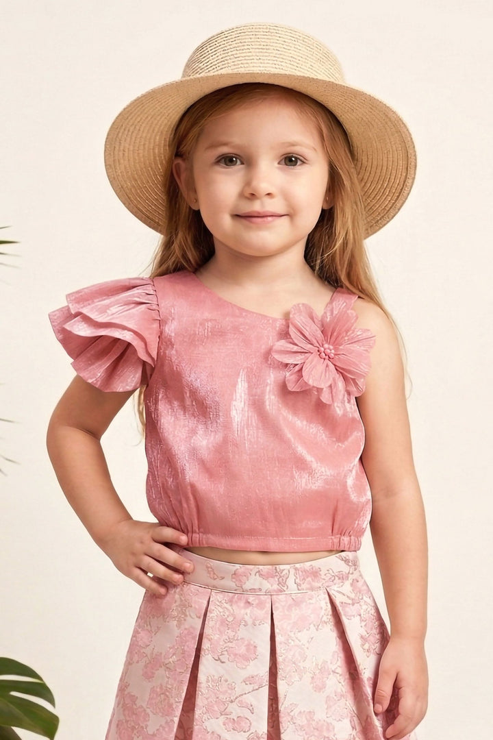 Peach Top and Cream Zari work with Digital Print Skirt for Girls
