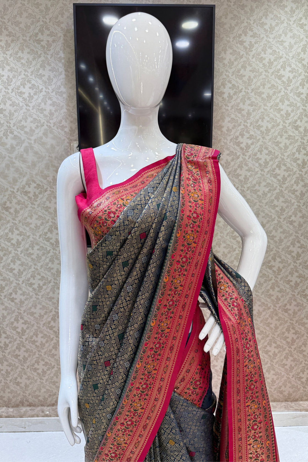 Peacock Blue with Rani Pink Banaras work Saree