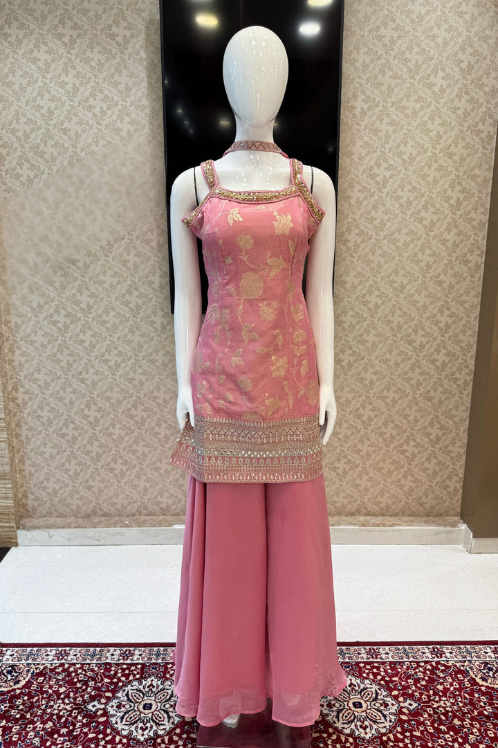 Light Pink Banaras Zari, Mirror, Zardozi, Sequins, Stone and Beads work Palazzo Salwar Suit