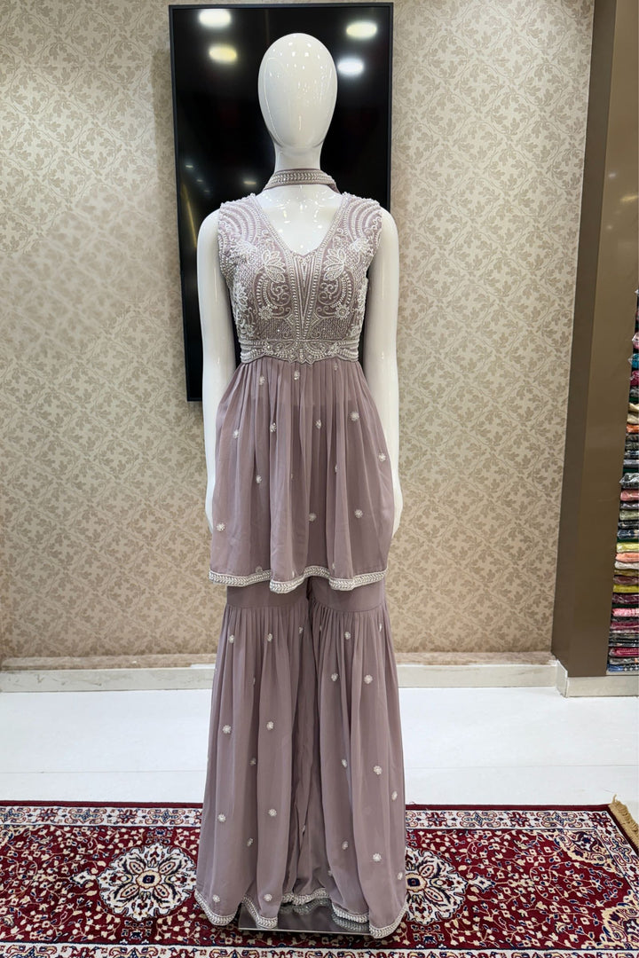 Lilac Beads, Sequins and Thread work Peplum Top with Sharara Suit Set