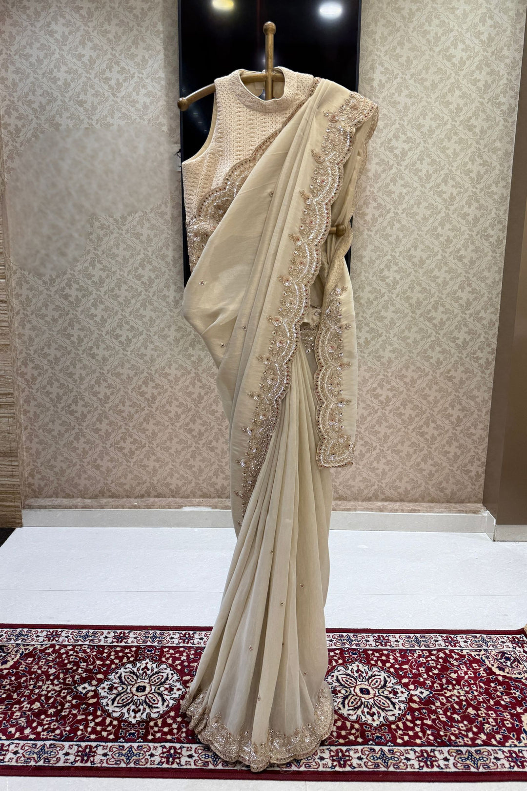 Beige Saree with Intricate Pearl, Sequins and Beads work