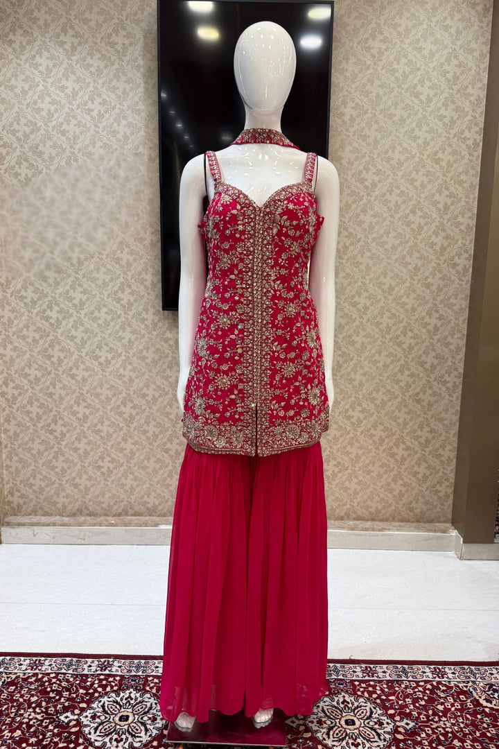 Rani Pink Sequins, Zari, Stone, Mirror and Thread work Sharara Salwar Suit