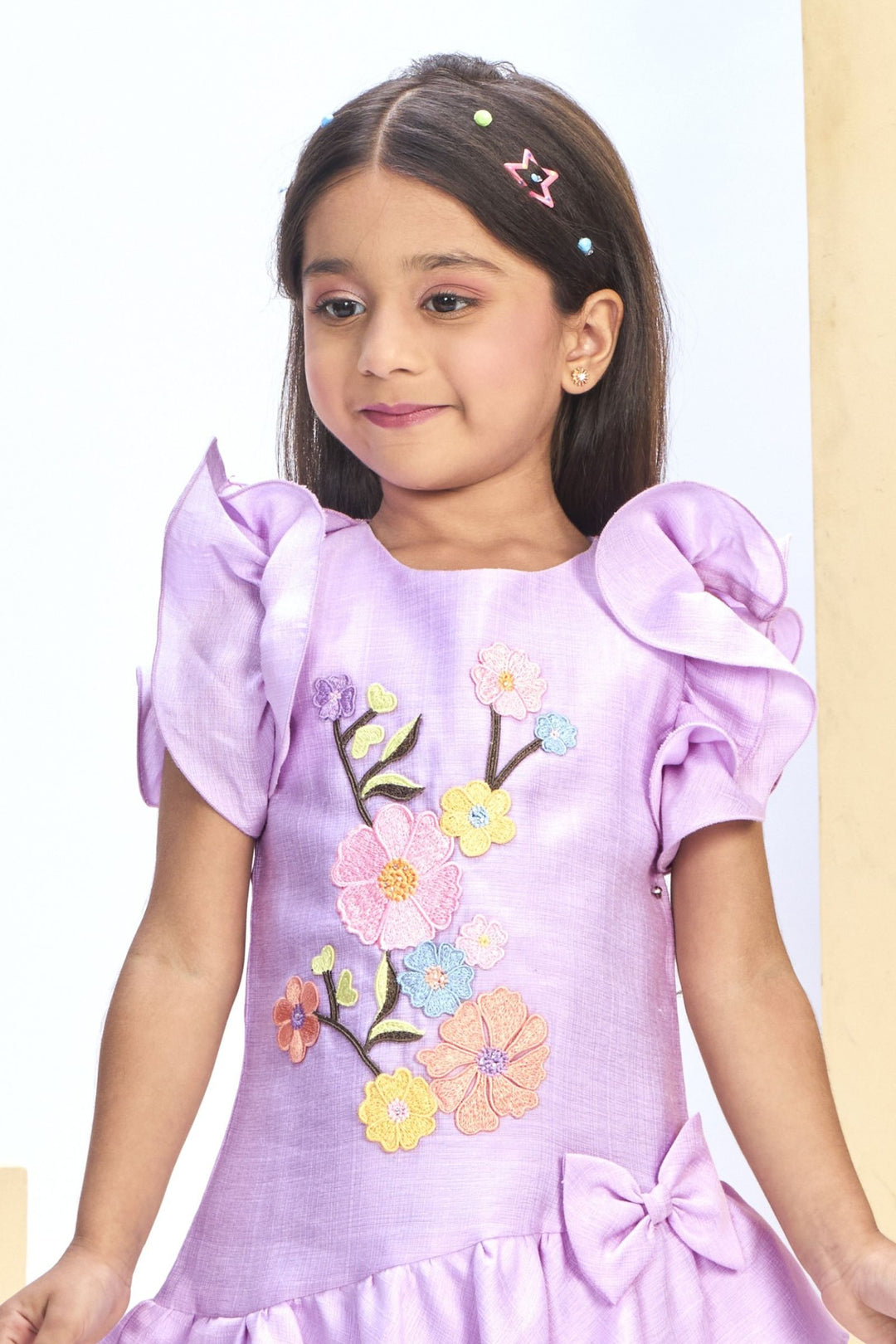 Lavender Thread work Short Frock for Girls