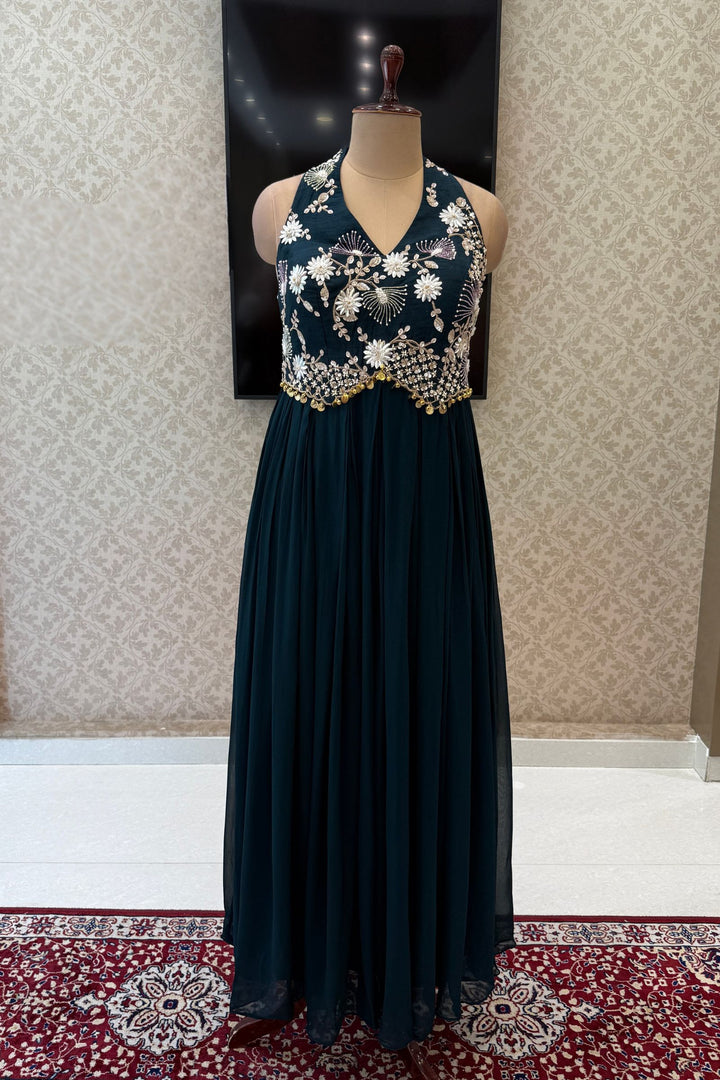 Peacock Green Beads and Zari work Halter Neck Floor Length Anarkali Suit