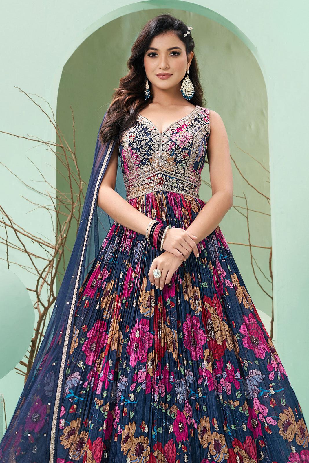 Buy Purple Silk Block Print Floor Length Anarkali online at Pure Elegance