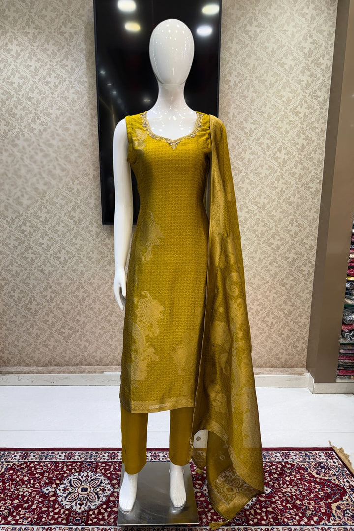 Olive Green Banaras, Stone, Zardozi, Beads and Zari work Straight Cut Salwar Suit
