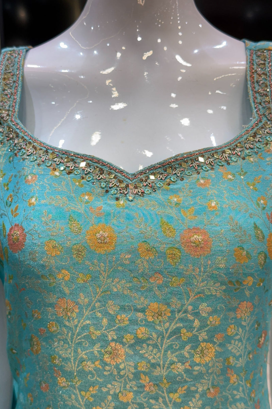 Sea Green Mirror, Zardozi, Stone, Beads and Brocade work Straight Cut Salwar Suit