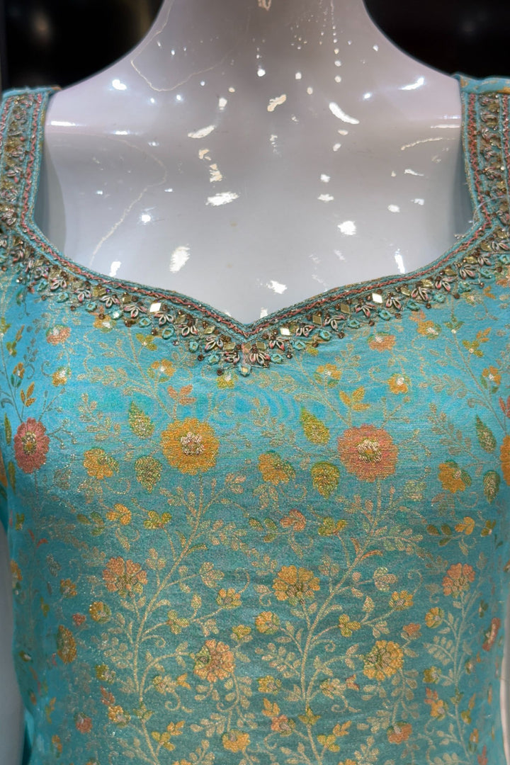 Sea Green Mirror, Zardozi, Stone, Beads and Brocade work Straight Cut Salwar Suit