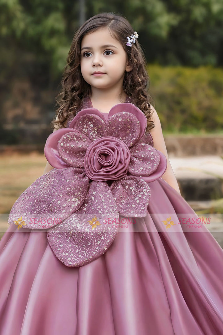Onion Pink Sequins work Long Party Gown for Girls