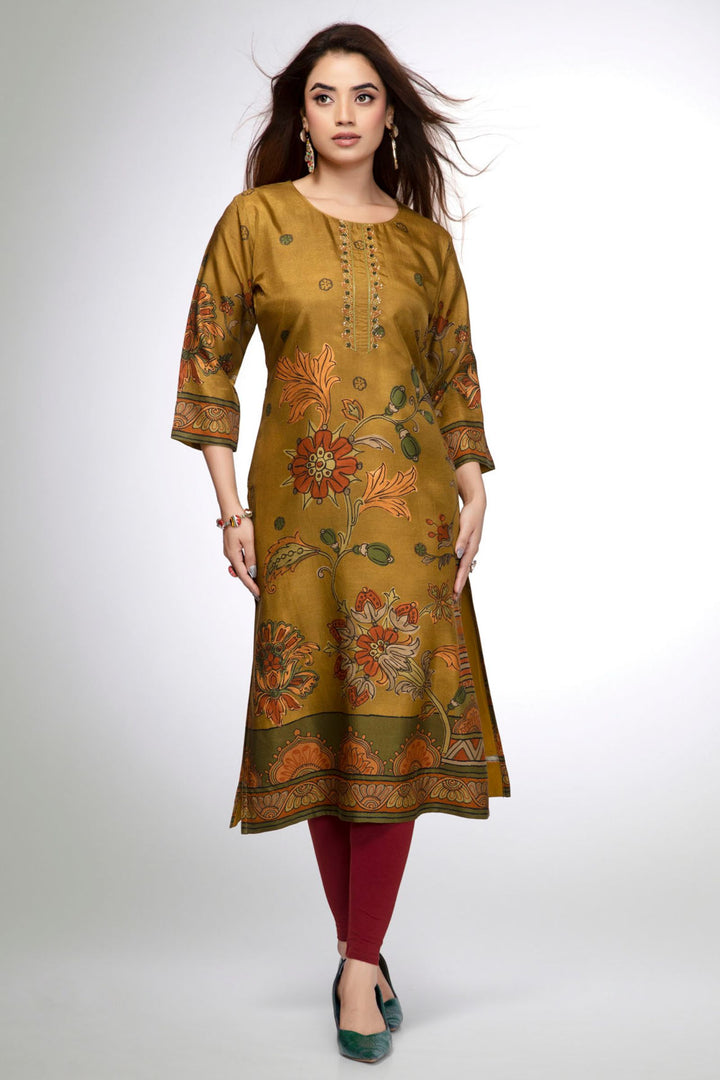 Mehendi Green Floral Printed Straight Kurta