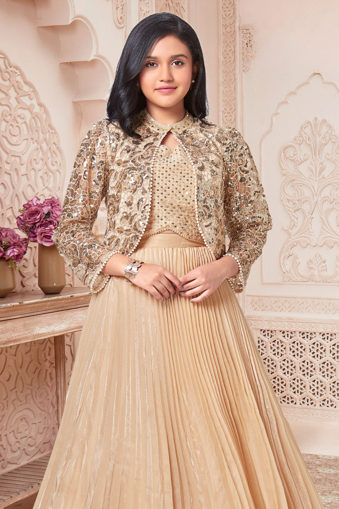 Gold Sequins, Beads, Stone and Thread work Jacket Styled Lehenga Choli for Girls