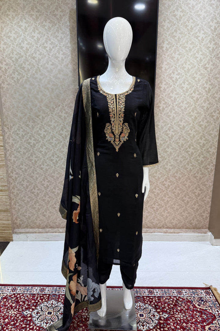 Black Beads, Zari, Sequins and Thread work with Floral Print Straight Cut Salwar Suit