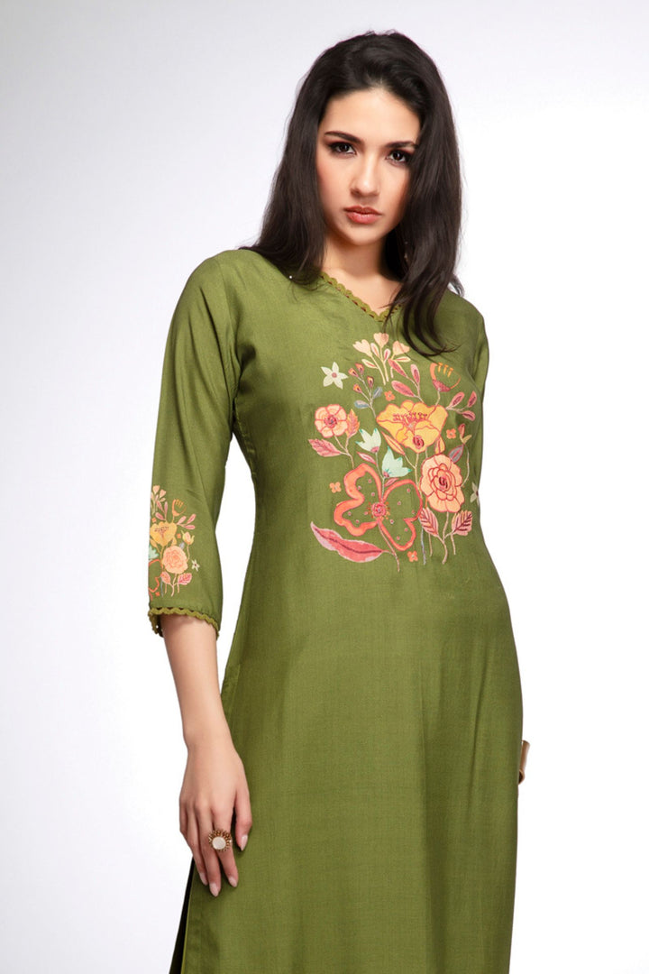 Green Zari and Thread work with Floral Print Calf Length Kurti