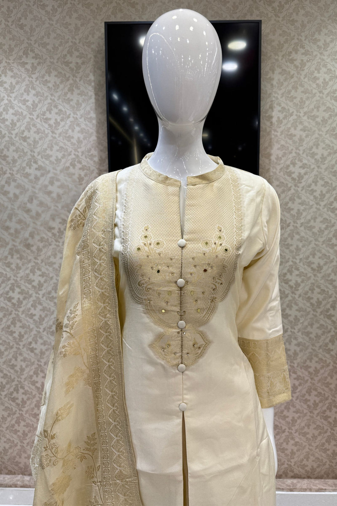 Cream Straight Cut Salwar Suit with Stone, Mirror and Banaras work