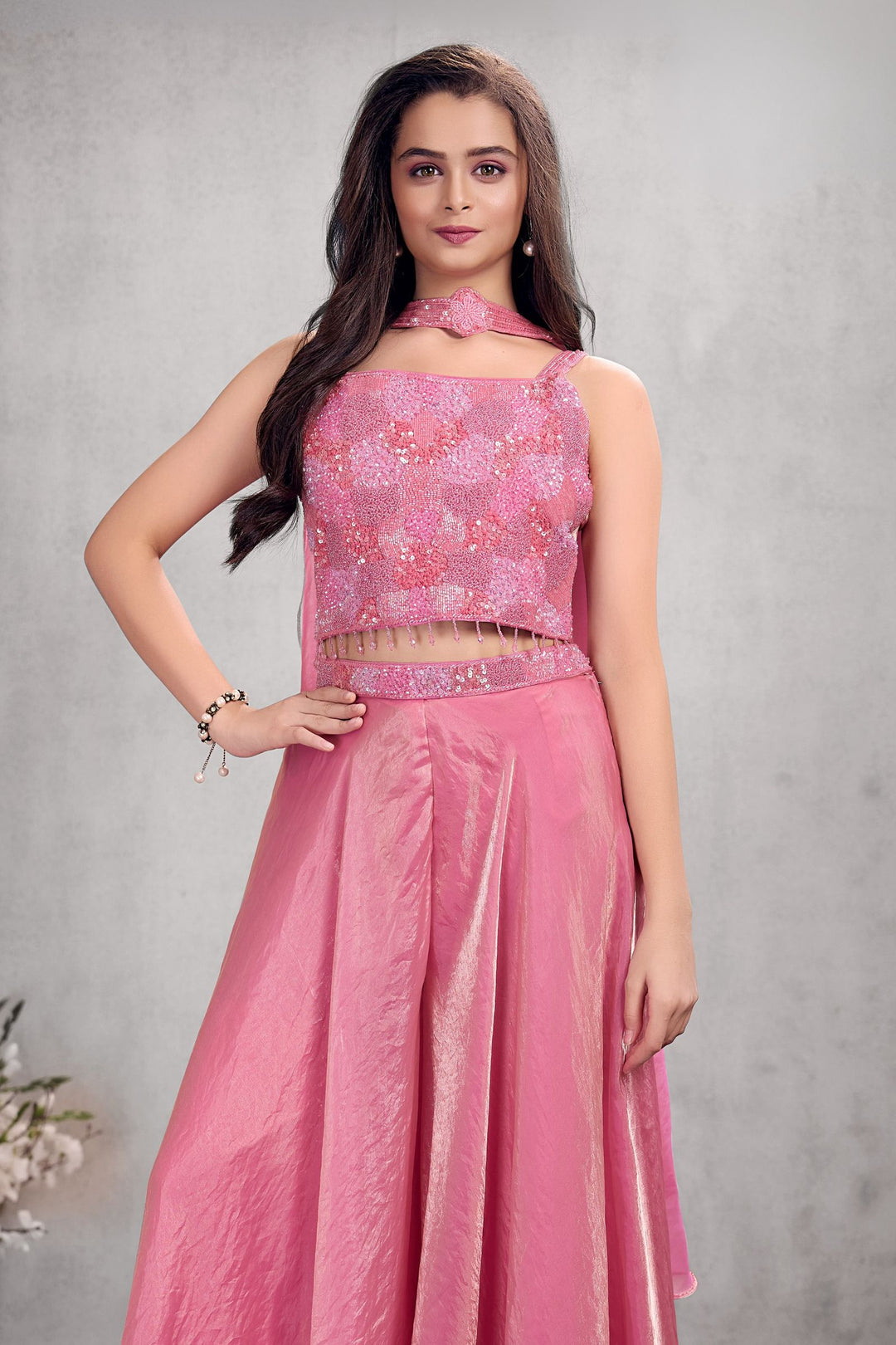 Pink Beads and Sequins work Palazzo Suit Set for Girls