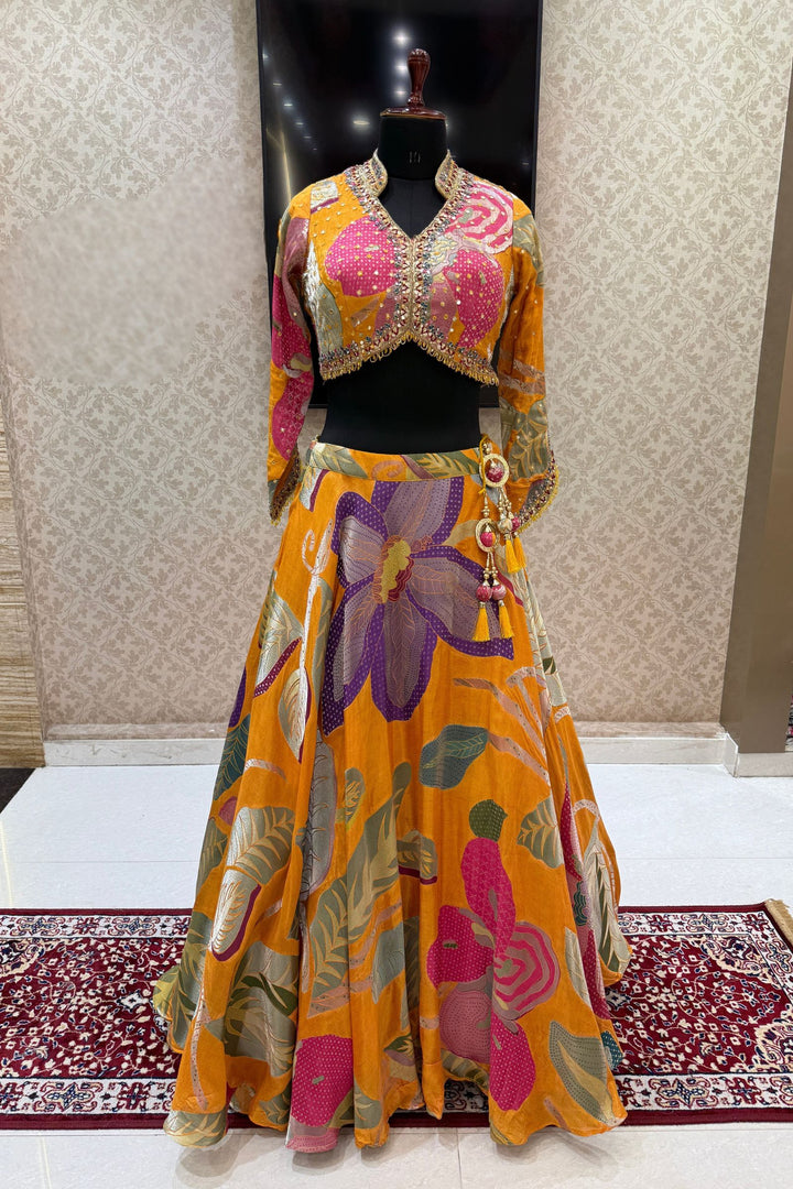 Yellow Zardozi, Beads, Sequins, Zari, Mirror and Floral work Crop Top Lehenga