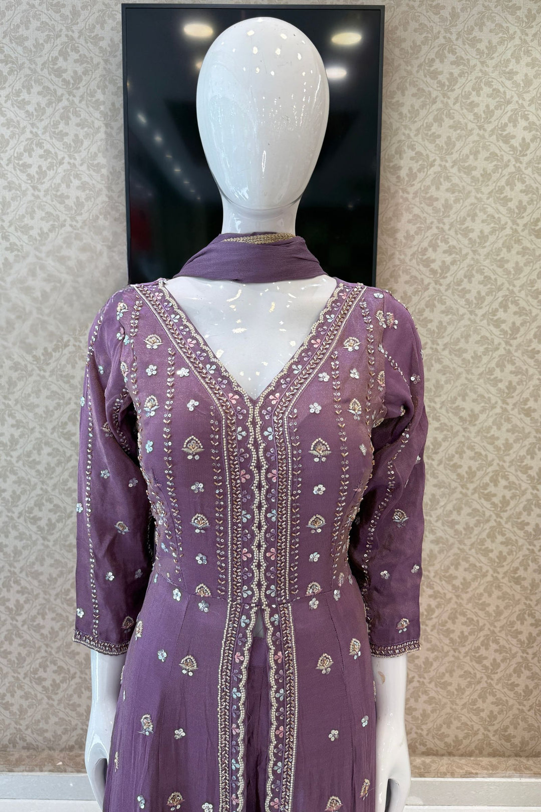 Lilac Beads, Sequins and Thread work Long Top with Straight Pant
