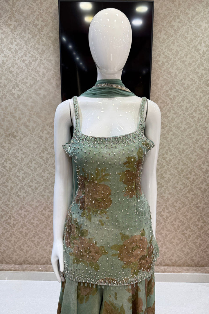 Sea Green Floral Print Top and Flared Palazzo Set with Kundan and Beads work