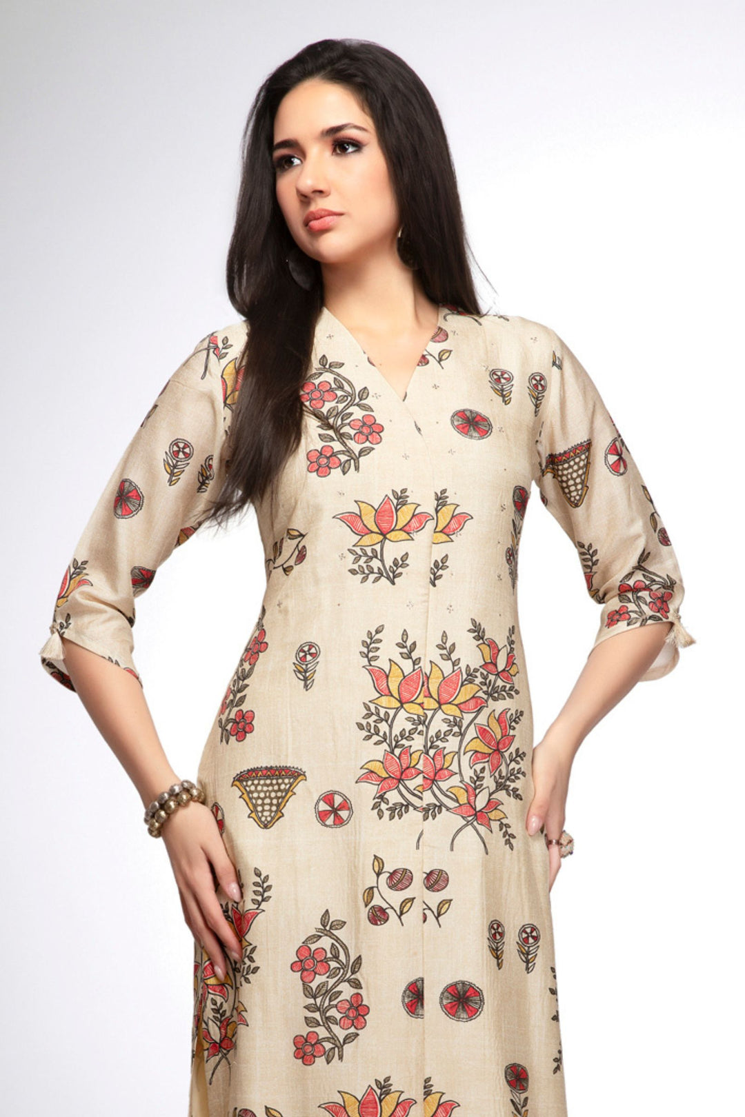 Beige Stone work with Floral Print Calf Length Kurti