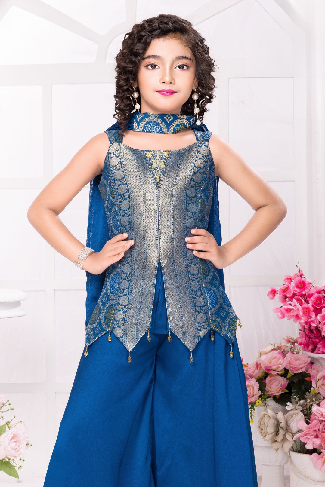 Peacock Blue Zari and Stone work Palazzo Suit Set for Girls