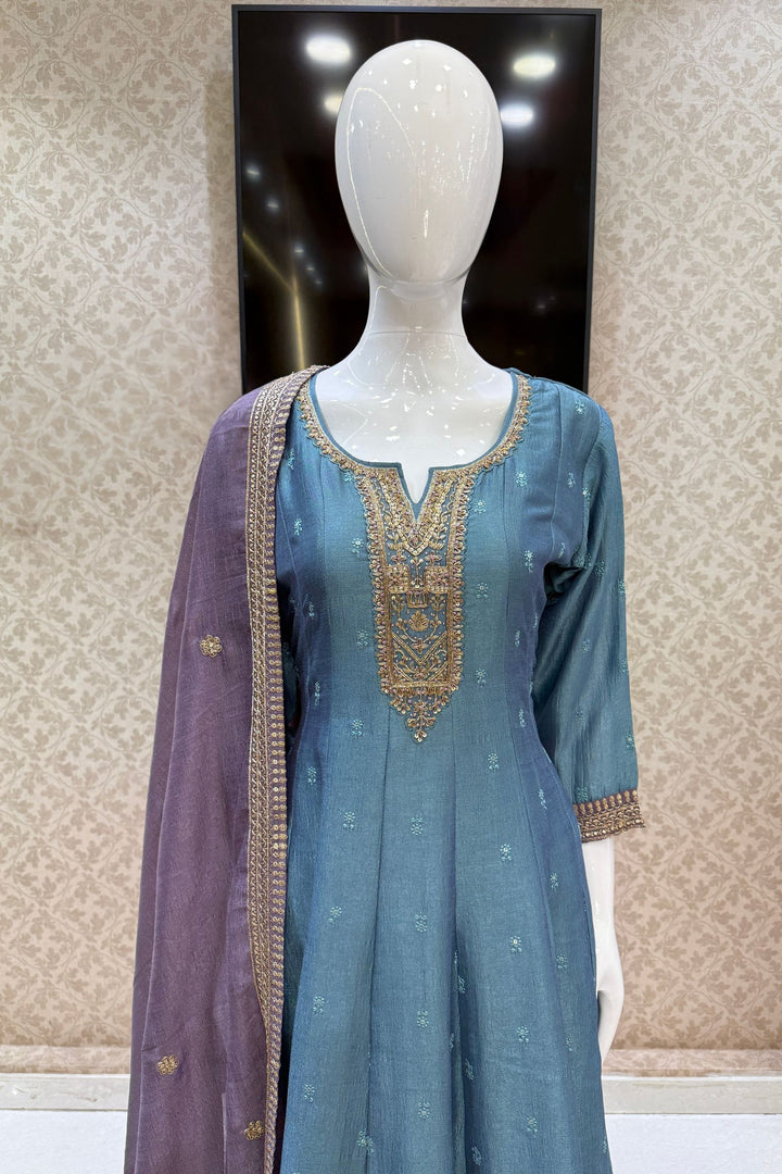 Greenish Blue Beads, Zardozi, Thread, Sequins, Stone and Zari work A-line Cut Salwar Suit