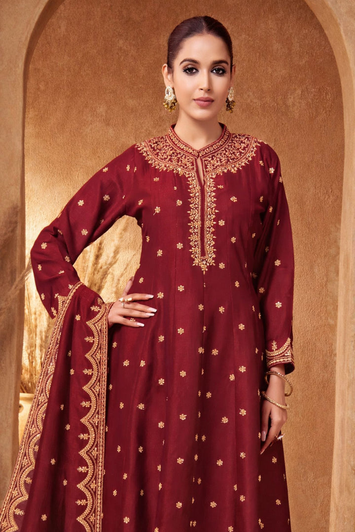Wine Zari, Zardozi, Sequins and Stone work A-line Cut Salwar Suit