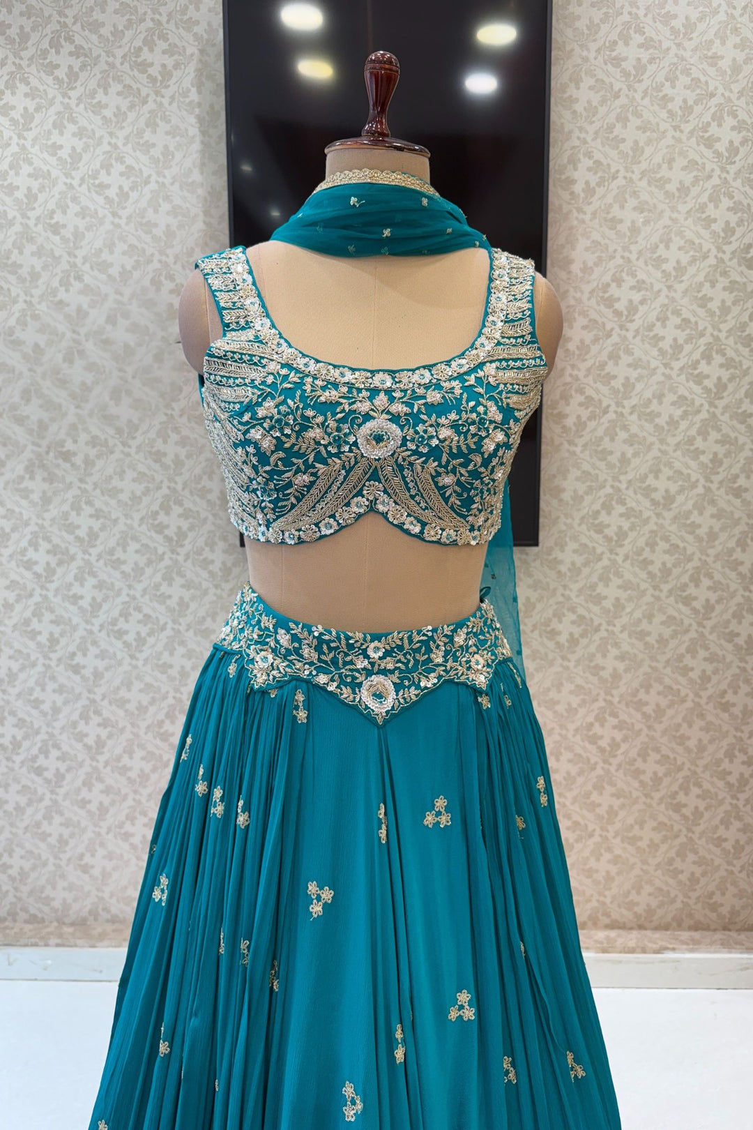 Rama Blue Sequins, Beads, Mirror, Zardozi and Zari work Crop Top Lehenga