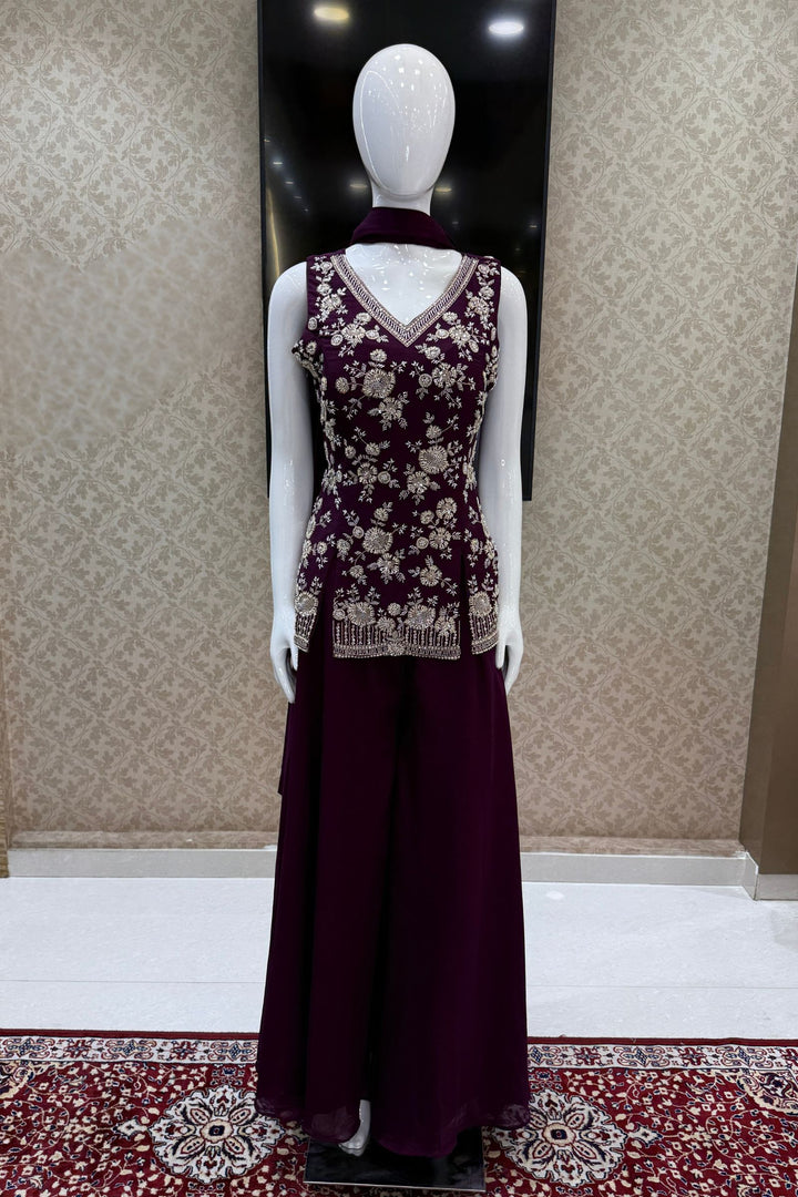 Wine Beads, Zari and Sequins work Palazzo Salwar Suit