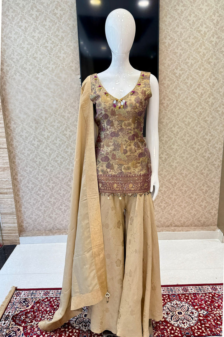Beige with Purple Banaras work Palazzo Salwar Suit