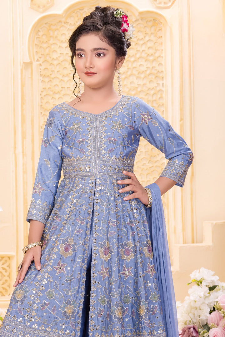 Blue Zari, Sequins and Multicolor Thread work Palazzo Suit Set for Girls