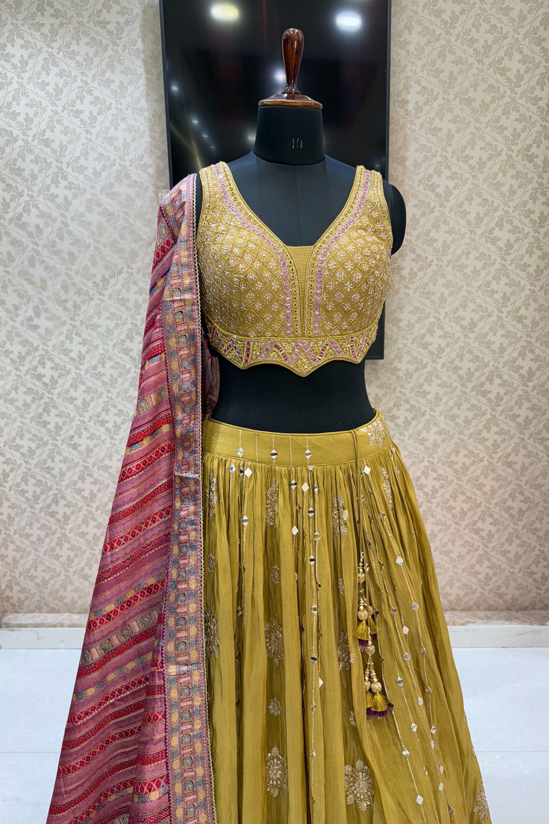 Olive Green Mirror, Beads, Zardozi and Sequins work Crop Top Lehenga