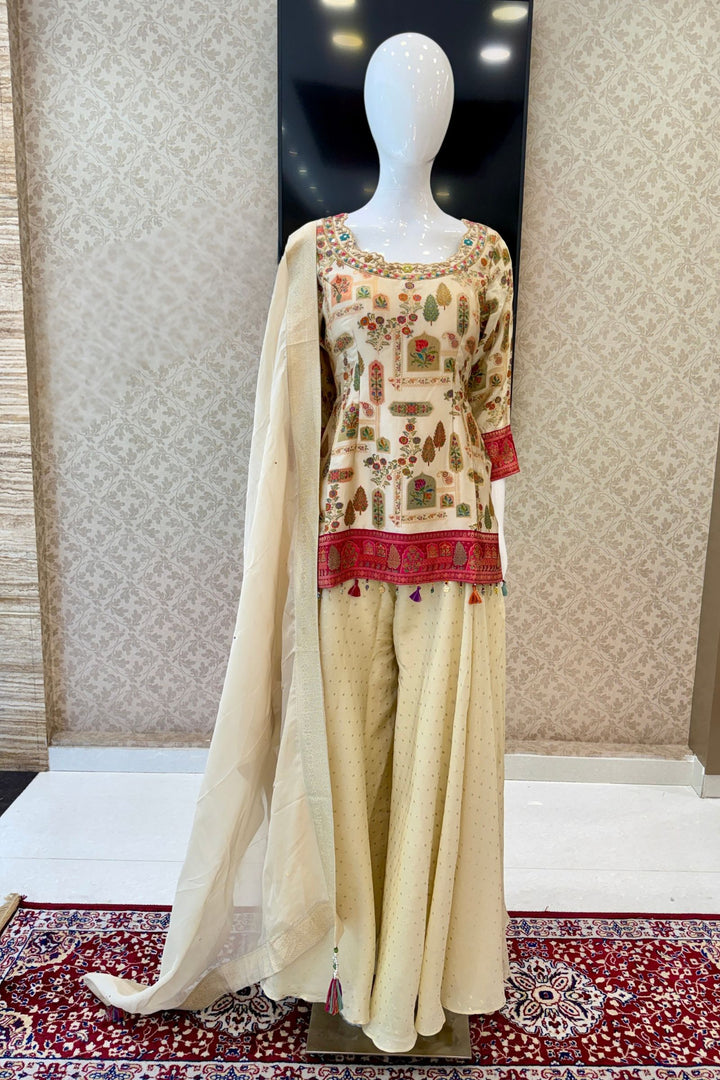 Beige Beads, Mirror, Zardozi and Banaras work Palazzo Salwar Suit