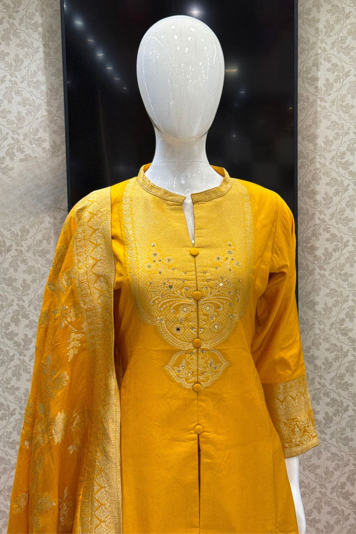 Yellow Straight Cut Salwar Suit with Stone, Mirror and Banaras work