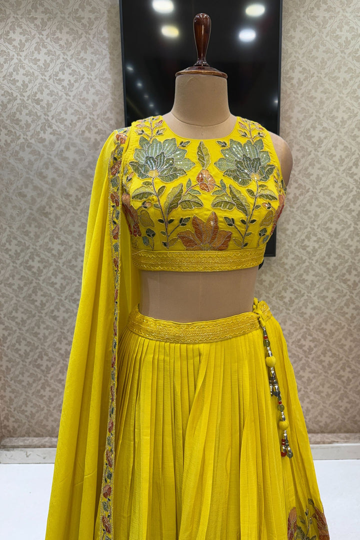 Yellow Multicolor Thread, Beads, Zari Thread and Sequins work Crop Top Lehenga