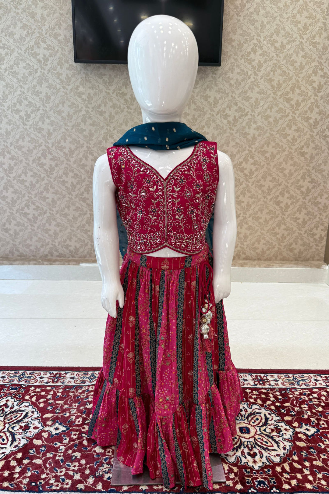 Rani Pink Mirror, Zardozi, Zari, Beads and Banaras work Lehenga Choli for Girls