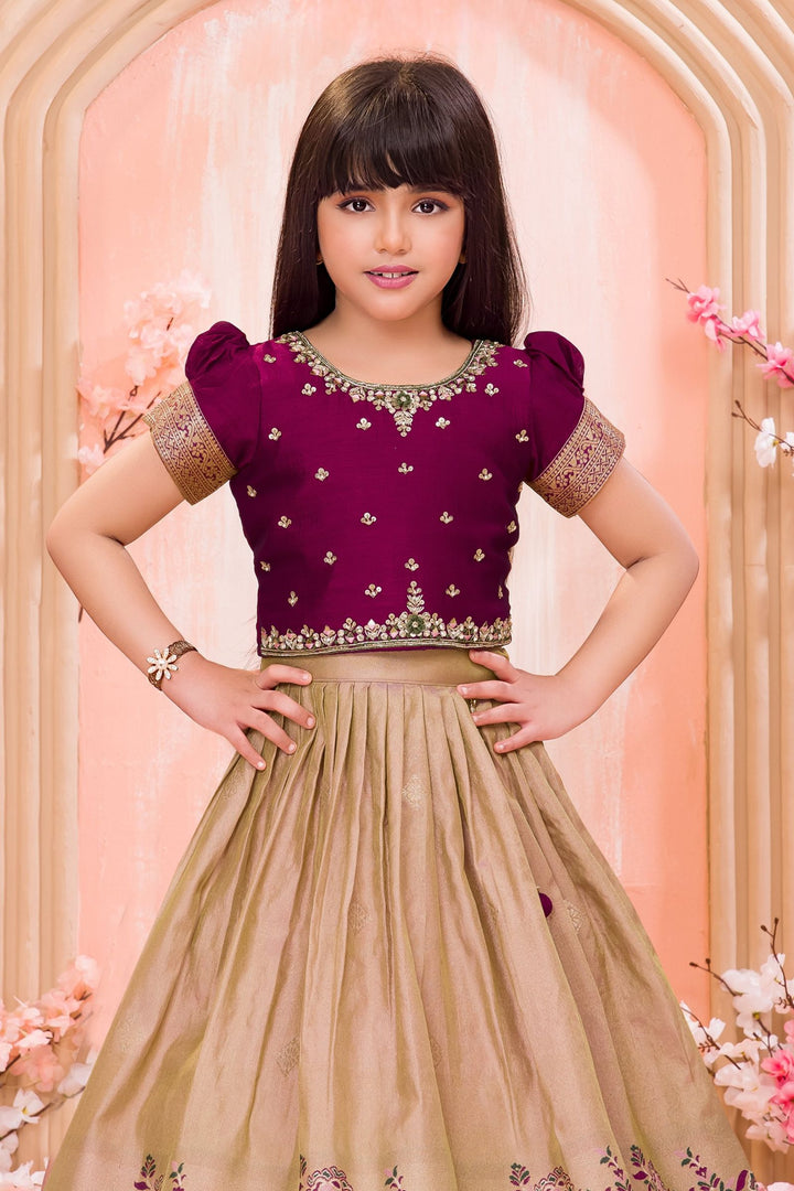 Maroon with Beige Sequins, Beads, Mirror and Zari work Lehenga Choli for Girls