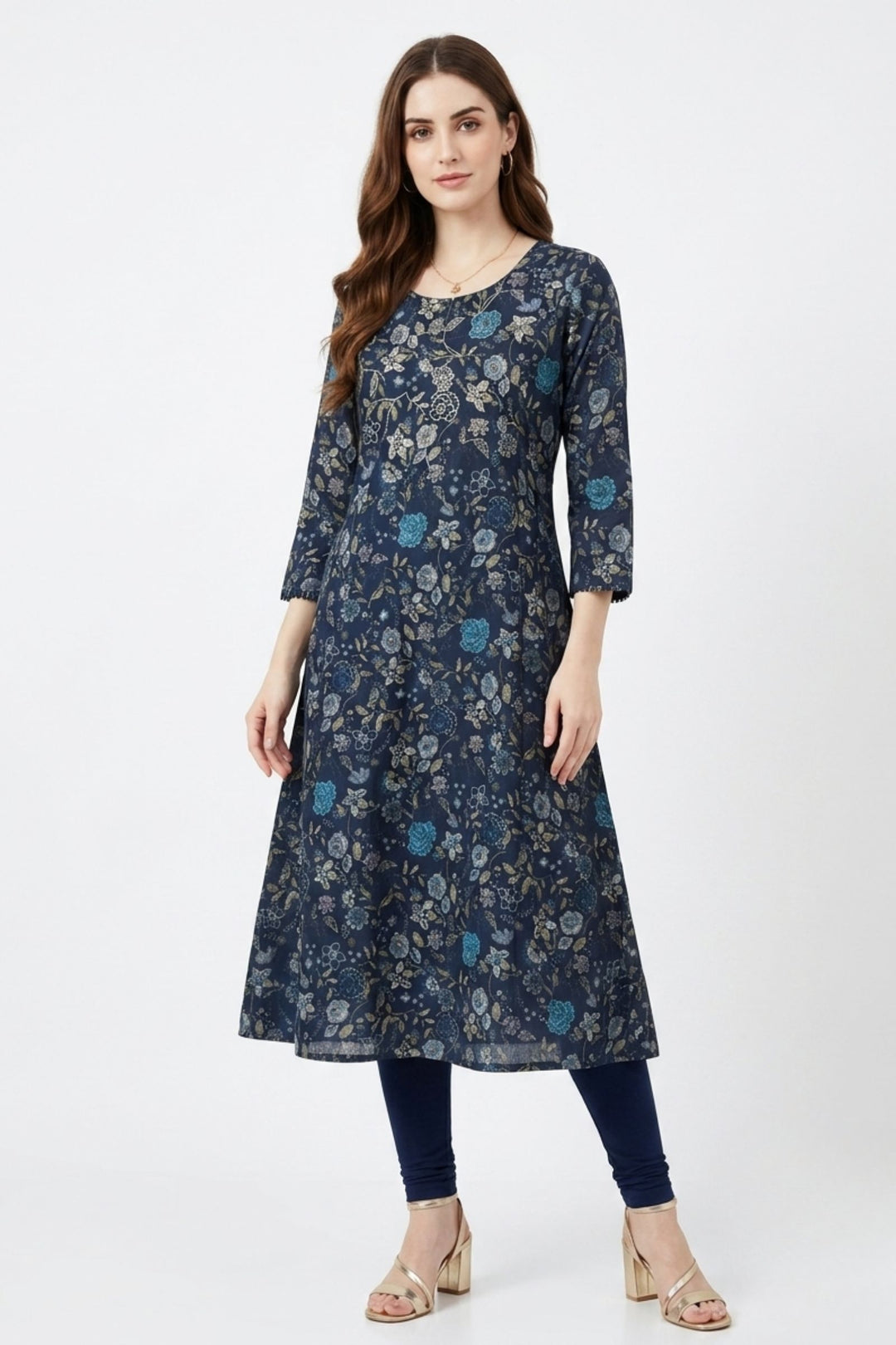 Navy Blue Embroidery and Stone work with Floral Print A-Line Cut Calf Length Kurti