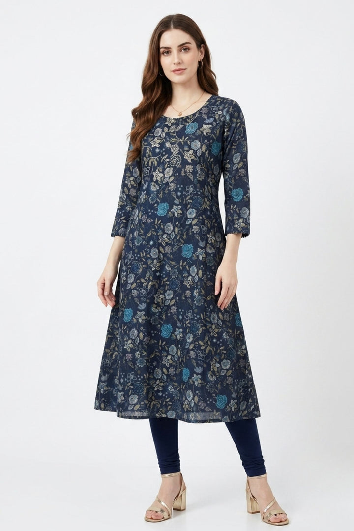 Navy Blue Embroidery and Stone work with Floral Print A-Line Cut Calf Length Kurti