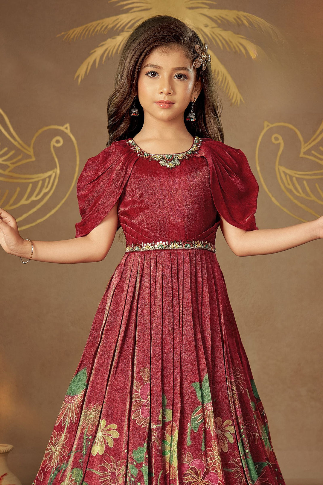 Maroon Mirror, Stone and Thread work with Digital Print Long Party Gown for Girls