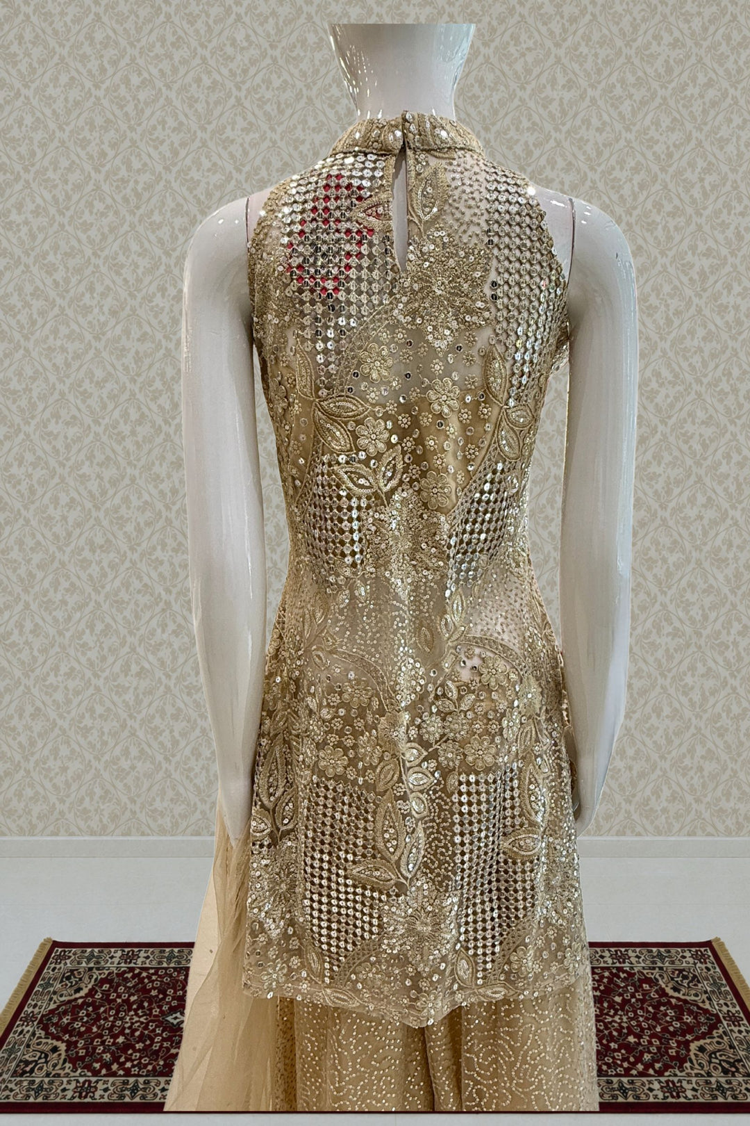 Gold Halter Neck Palazzo Salwar Suit with Sequins, Zari and Embroidery Detailing