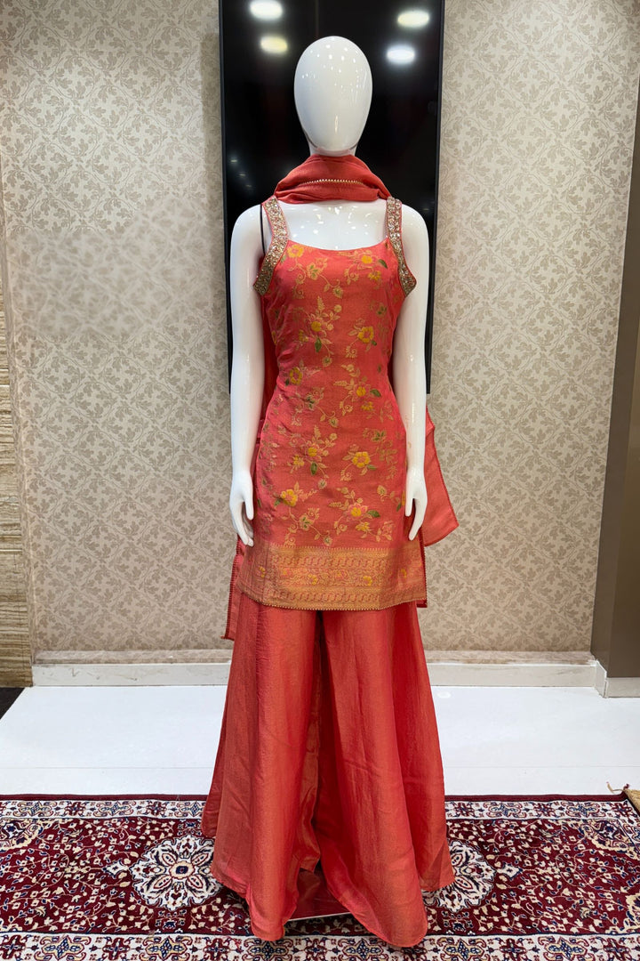 Orange Zari, Beads, Sequins, Zardozi, Stone and Jacquard work Palazzo Salwar Suit