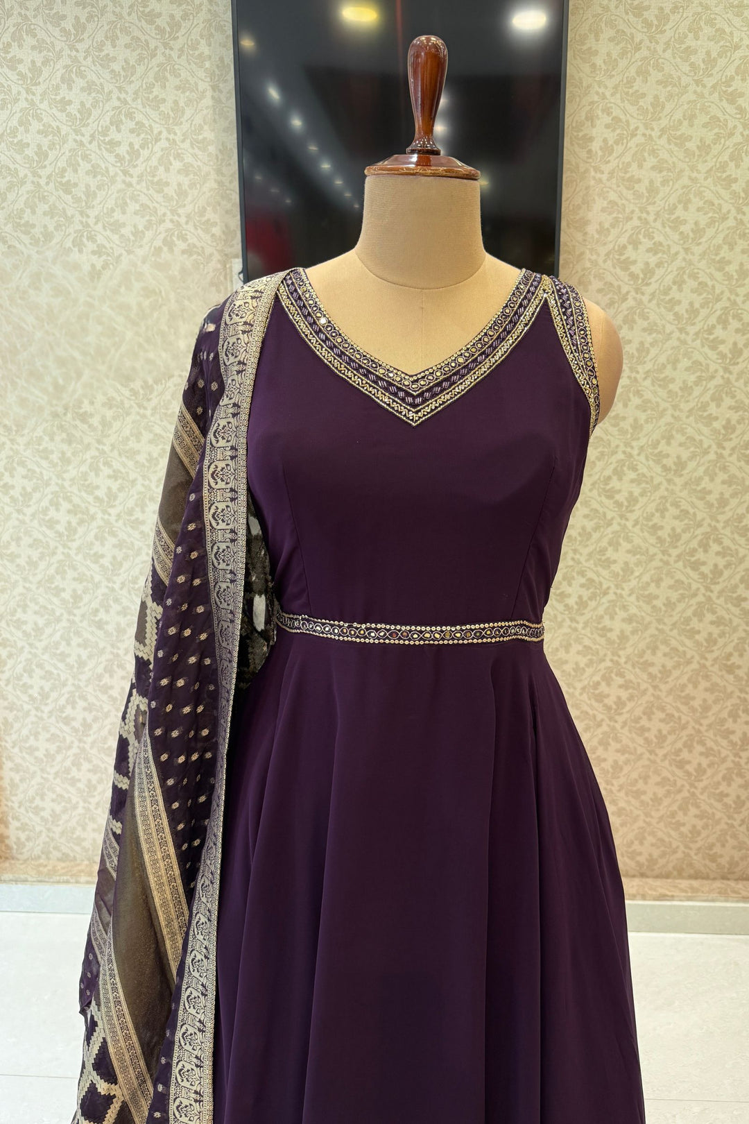 Wine Beads and Sequins work Anarkali Gown with Traditional Banaras work Dupatta